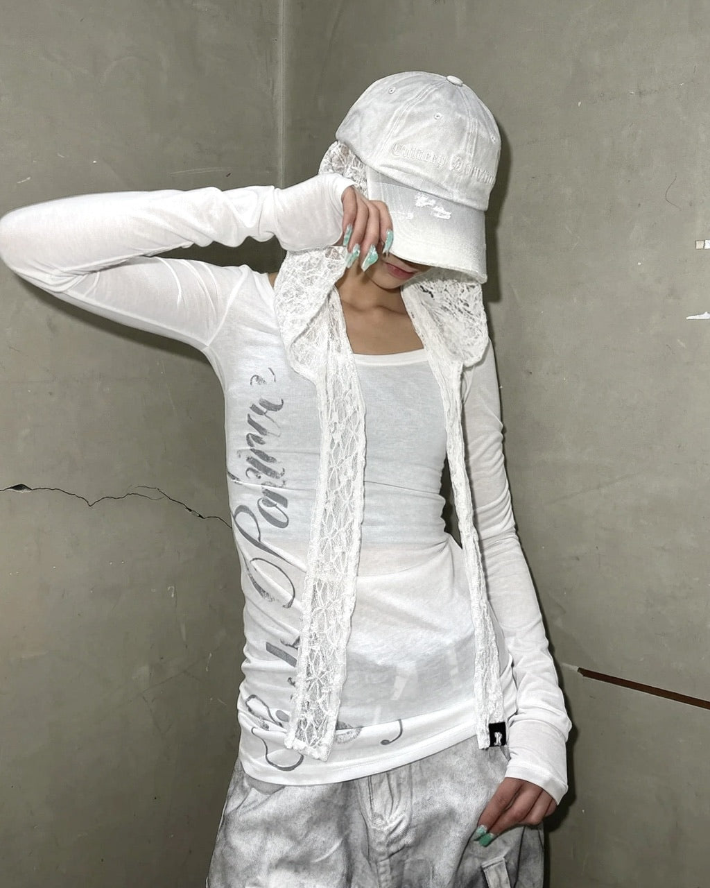 国際配送【Never mind the XU】sheer lettering tight long sleeve tee (3color)