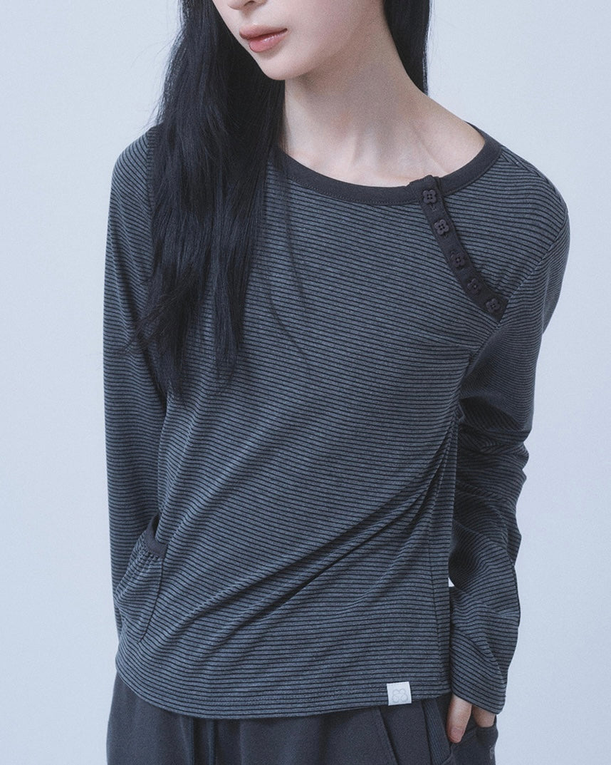 【TUOMIO】STRIPE BUTTONED LONG SLEEVE