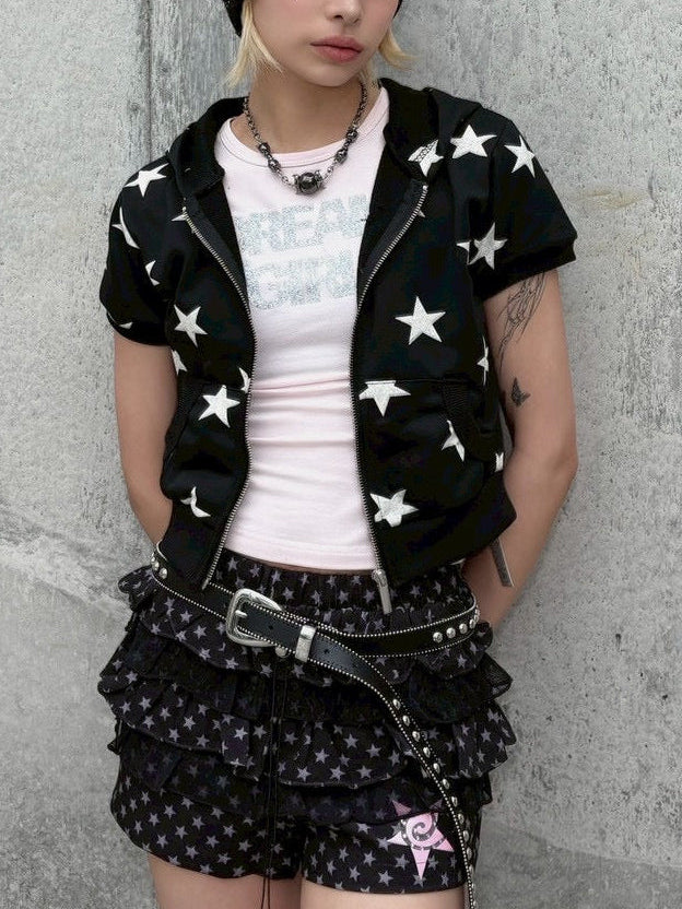 国際配送【Never mind the XU】star short sleeve zip-up hoodie