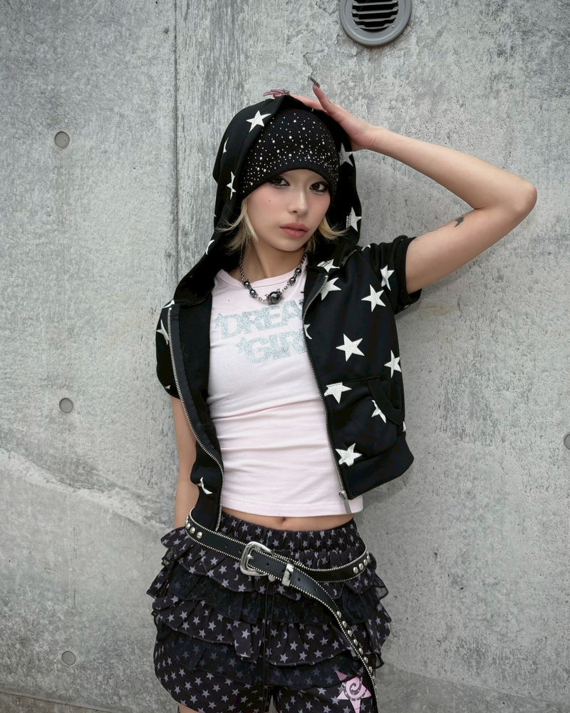 国際配送【Never mind the XU】star short sleeve zip-up hoodie