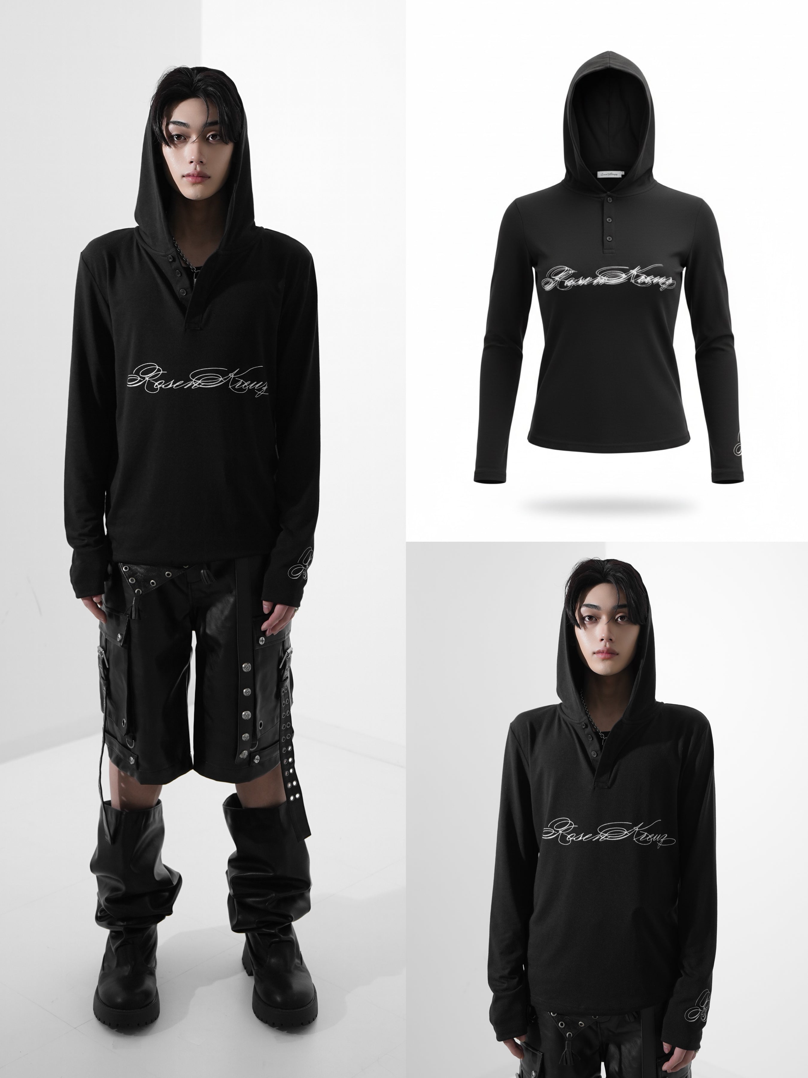 4/1 00:00 発売【Rosen Kreuz】SCRIPT LOGO HENLEY HOODIE