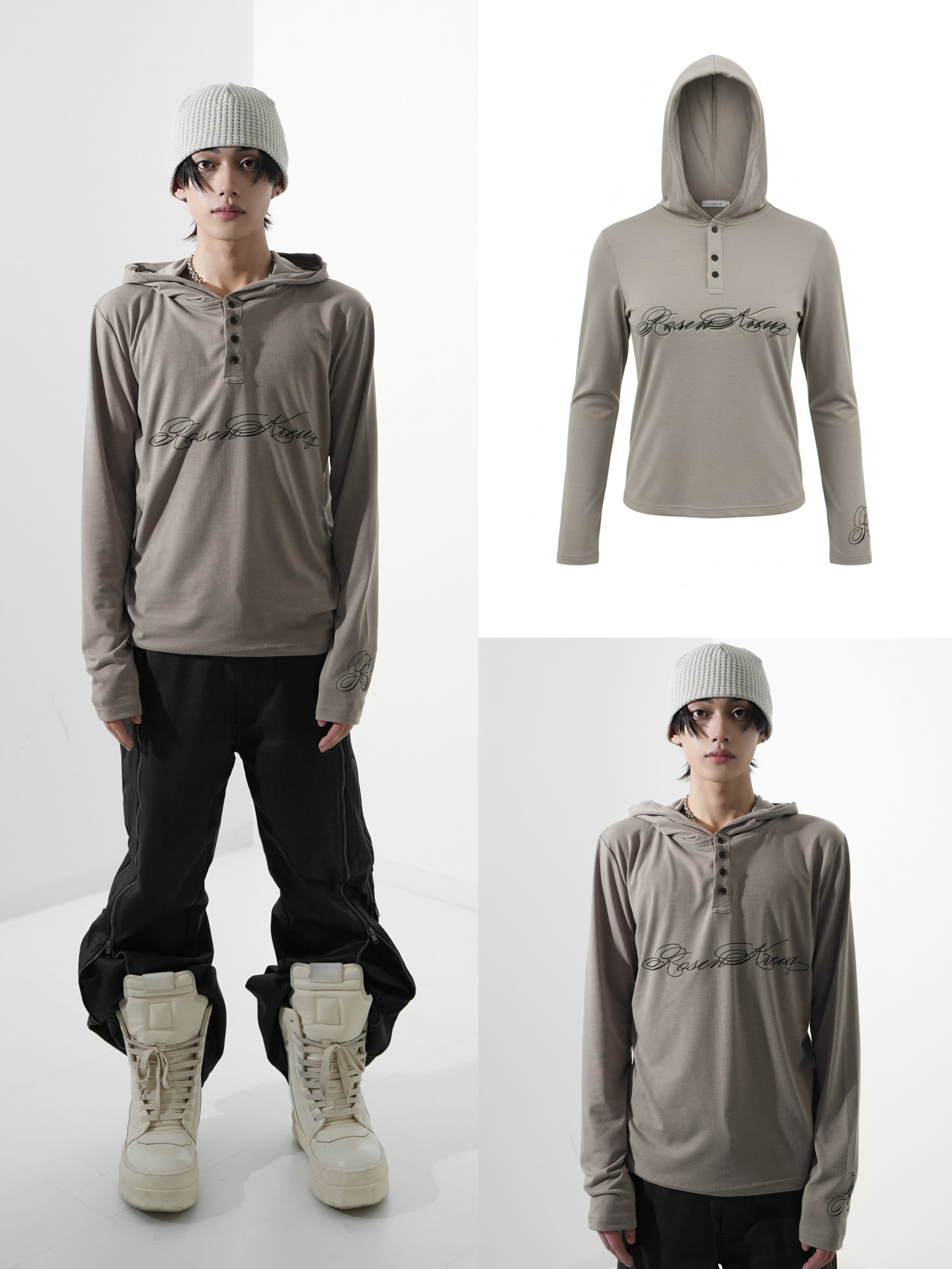 4/1 00:00 発売【Rosen Kreuz】SCRIPT LOGO HENLEY HOODIE