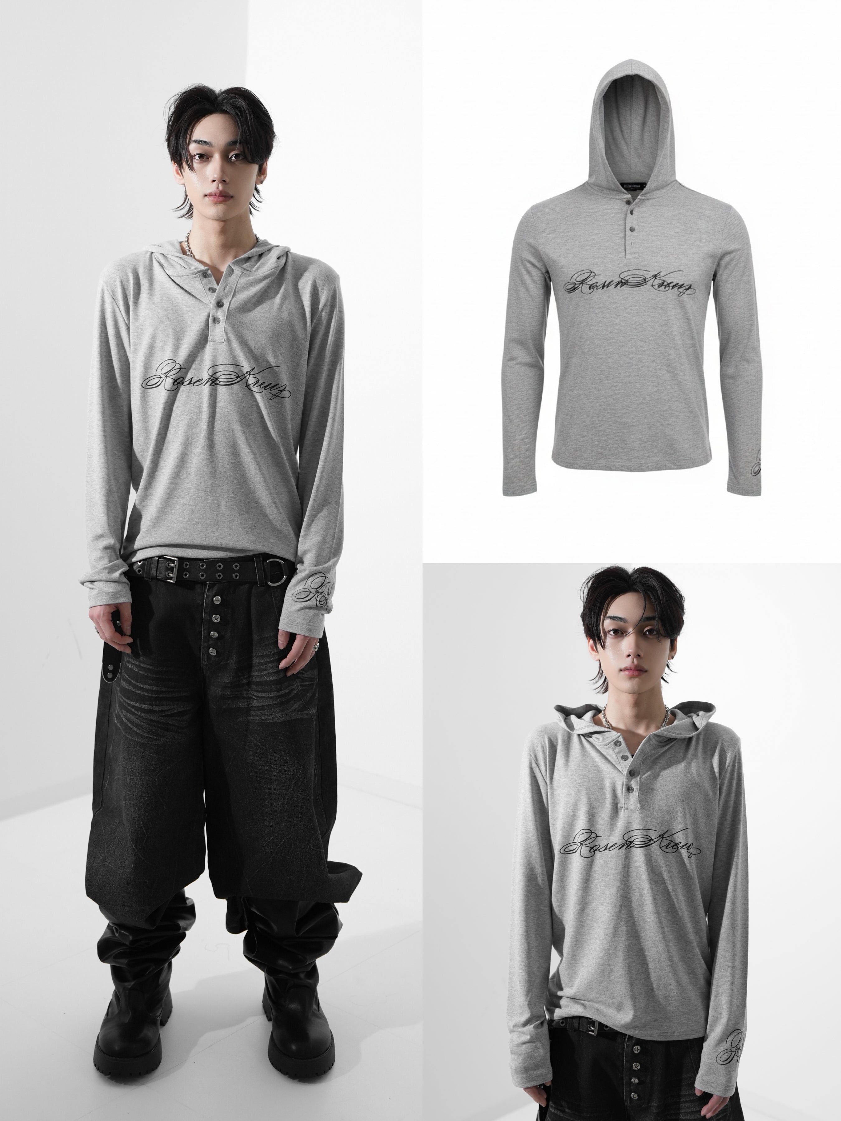 4/1 00:00 発売【Rosen Kreuz】SCRIPT LOGO HENLEY HOODIE