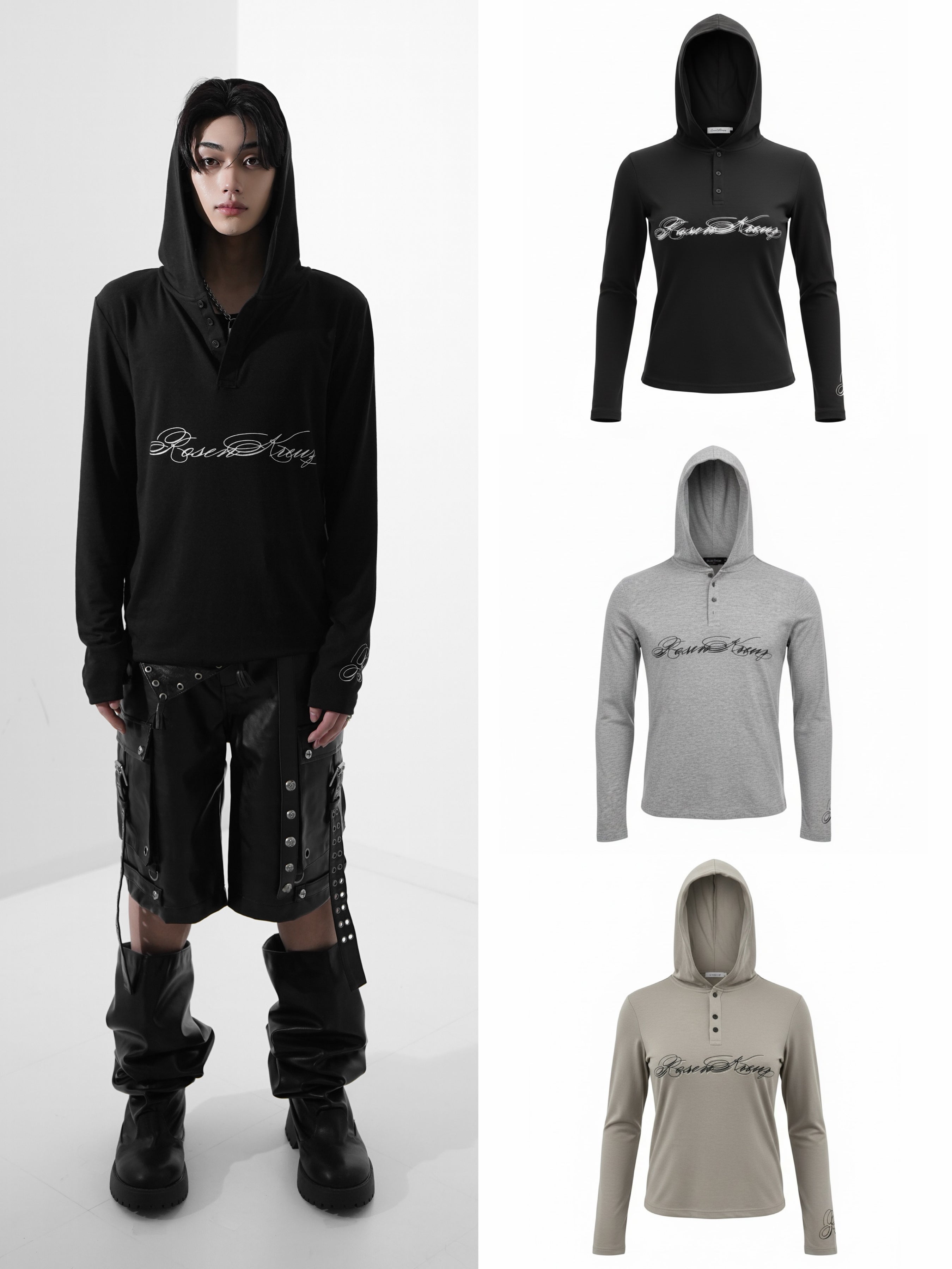 4/1 00:00 発売【Rosen Kreuz】SCRIPT LOGO HENLEY HOODIE