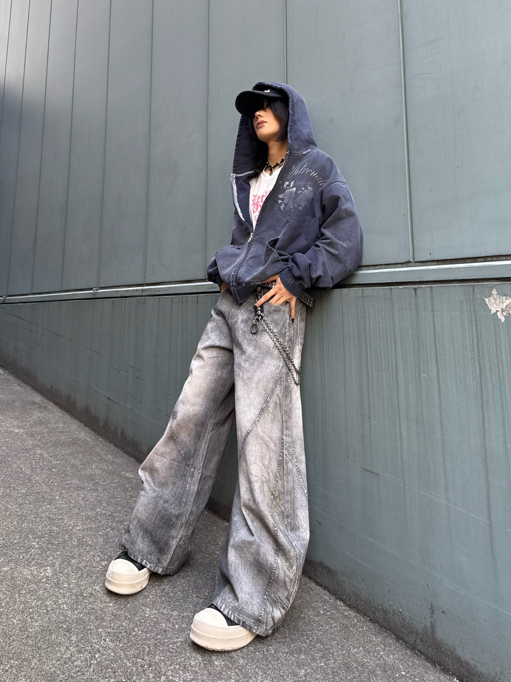 国際配送【Never mind the XU】3D print curve denim pants