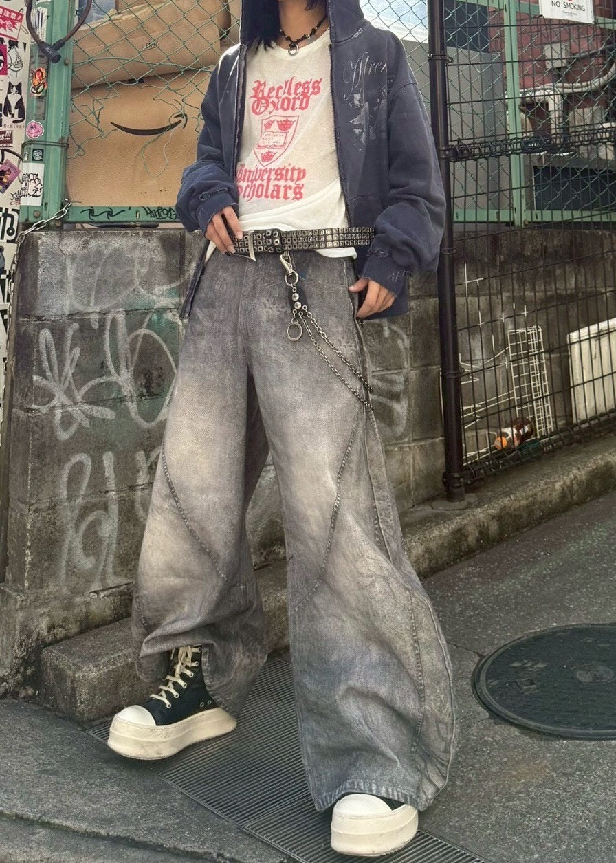 国際配送【Never mind the XU】3D print curve denim pants