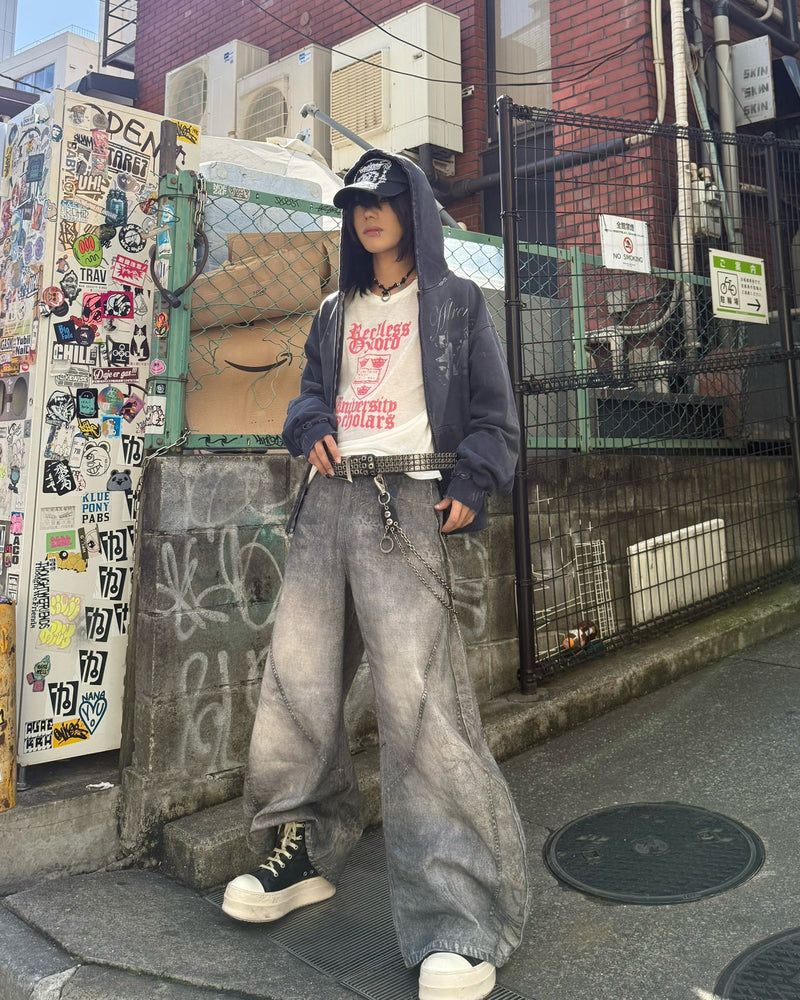 国際配送【Never mind the XU】3D print curve denim pants