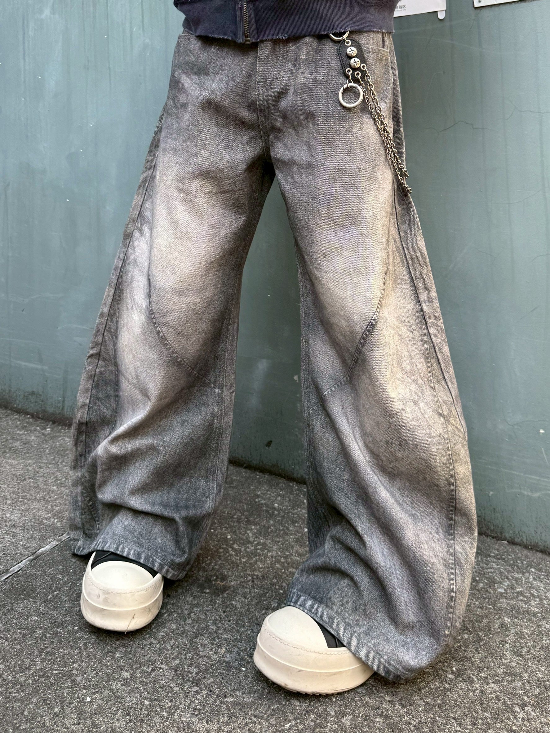 国際配送【Never mind the XU】3D print curve denim pants