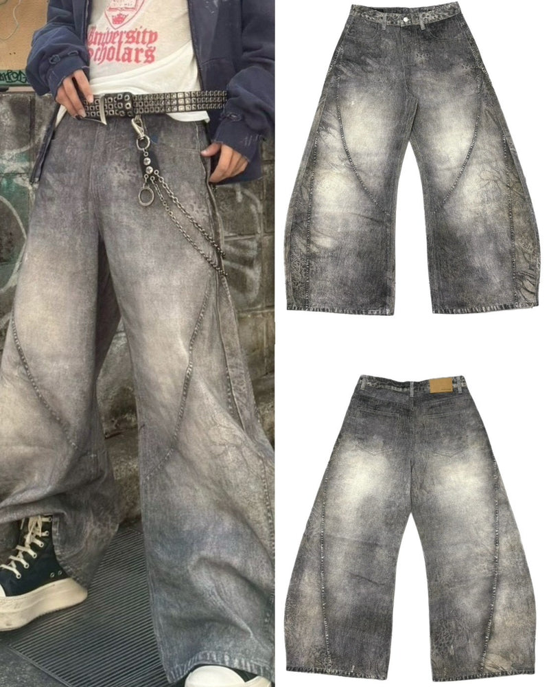 国際配送【Never mind the XU】3D print curve denim pants