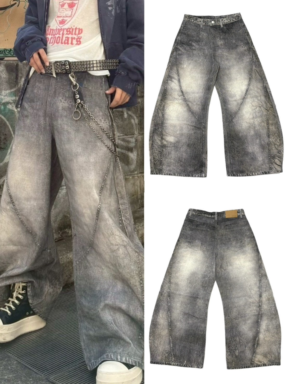 国際配送【Never mind the XU】3D print curve denim pants