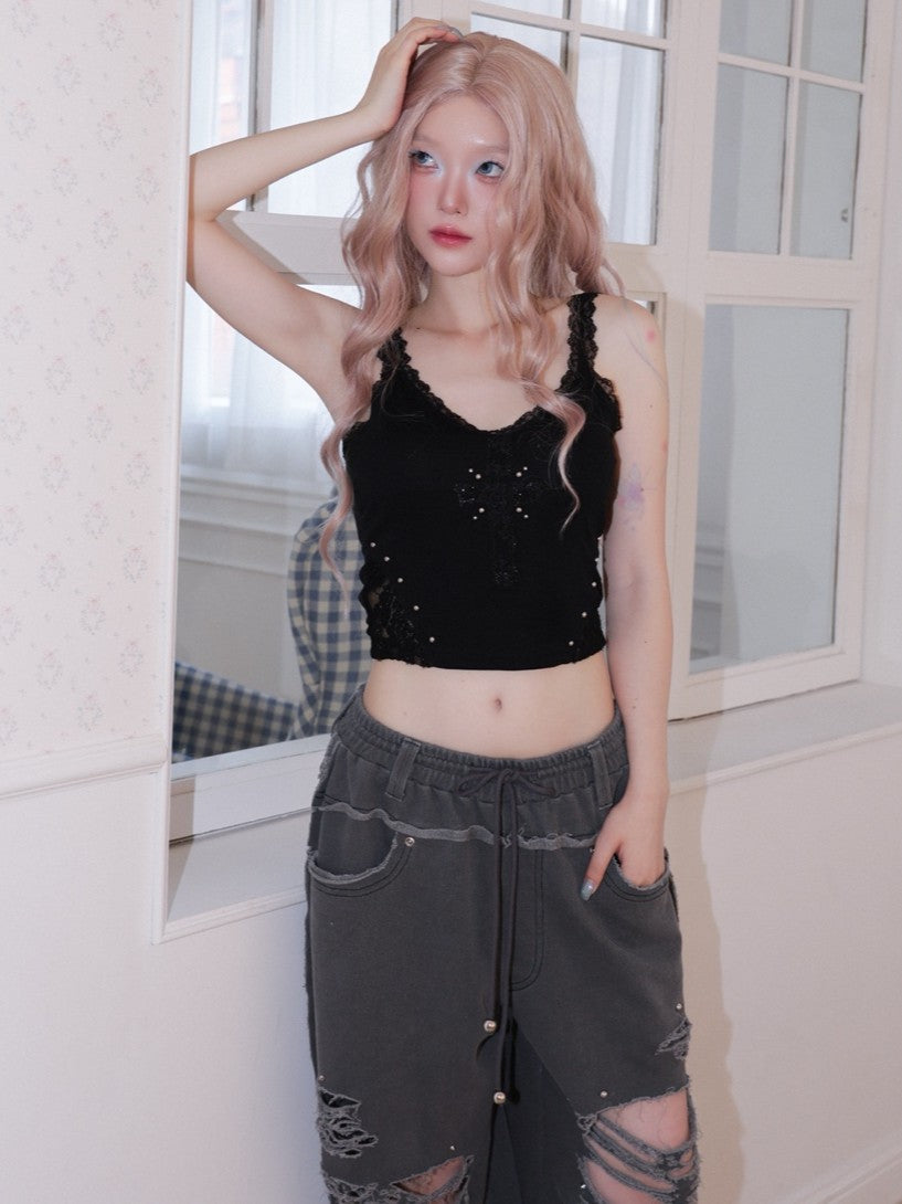 【CHERRYQUIRI】cross patch lace sleeveless