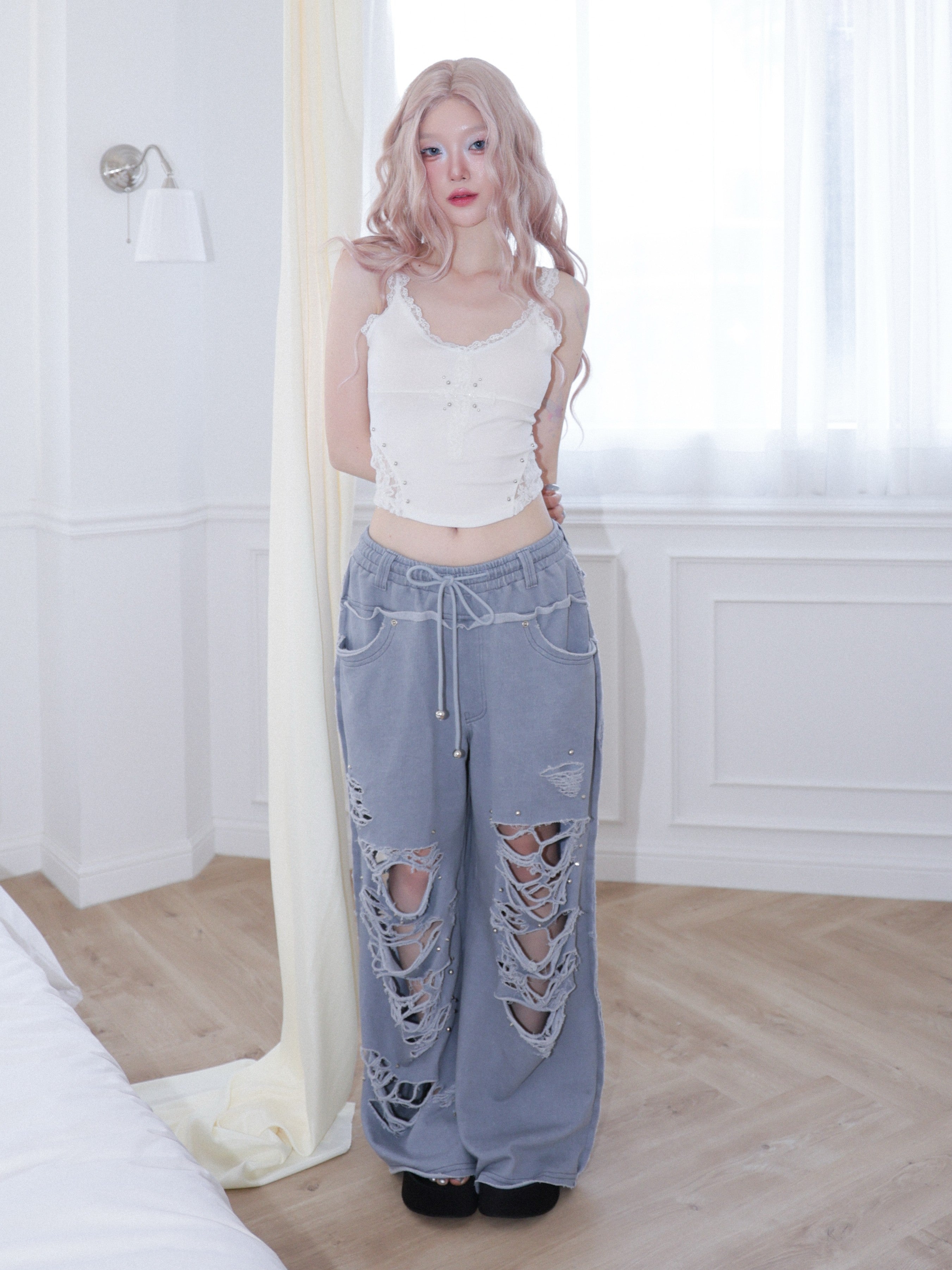 【CHERRYQUIRI】damage stud jogger pt