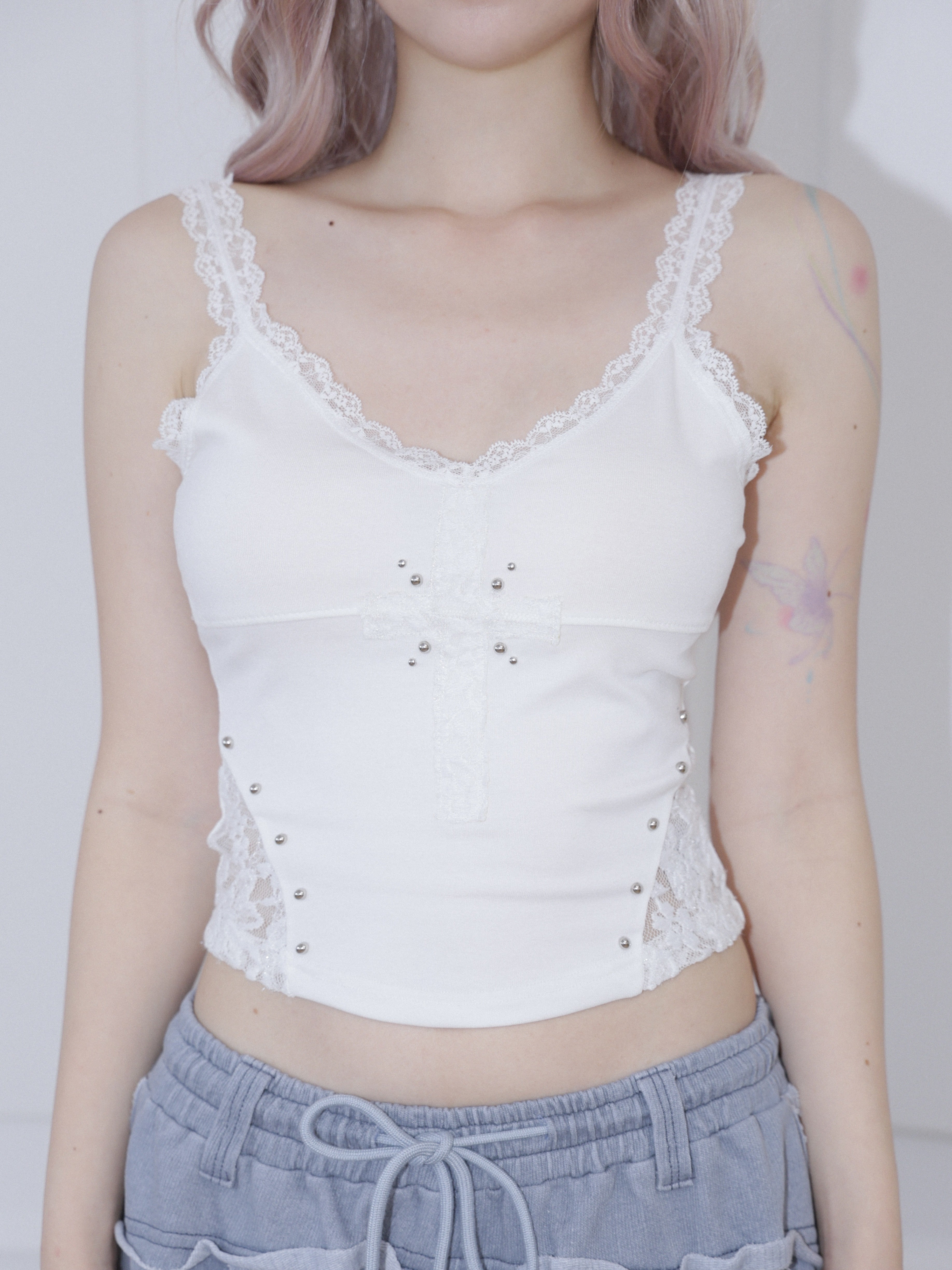 【CHERRYQUIRI】cross patch lace sleeveless