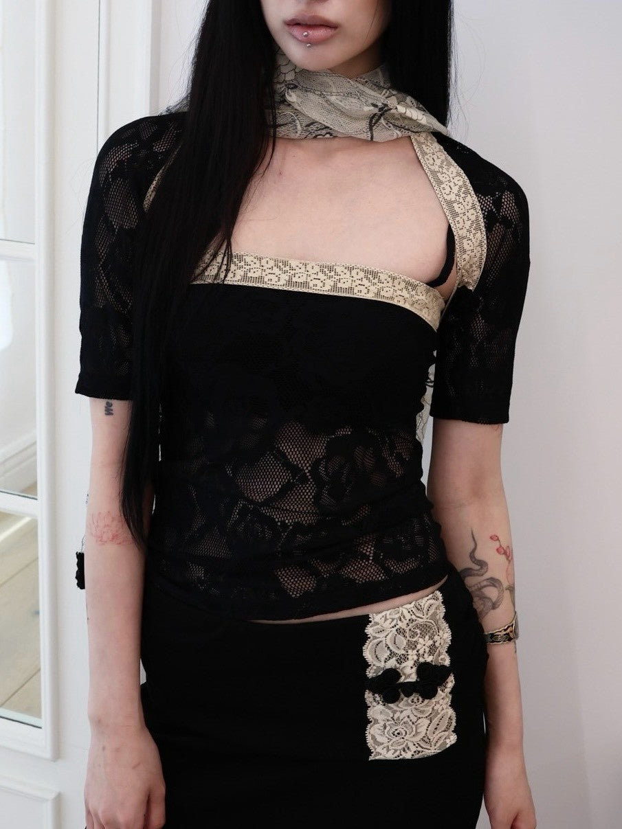 【MIAE】[香] Floral Lace Sleeveless & Bolero SET