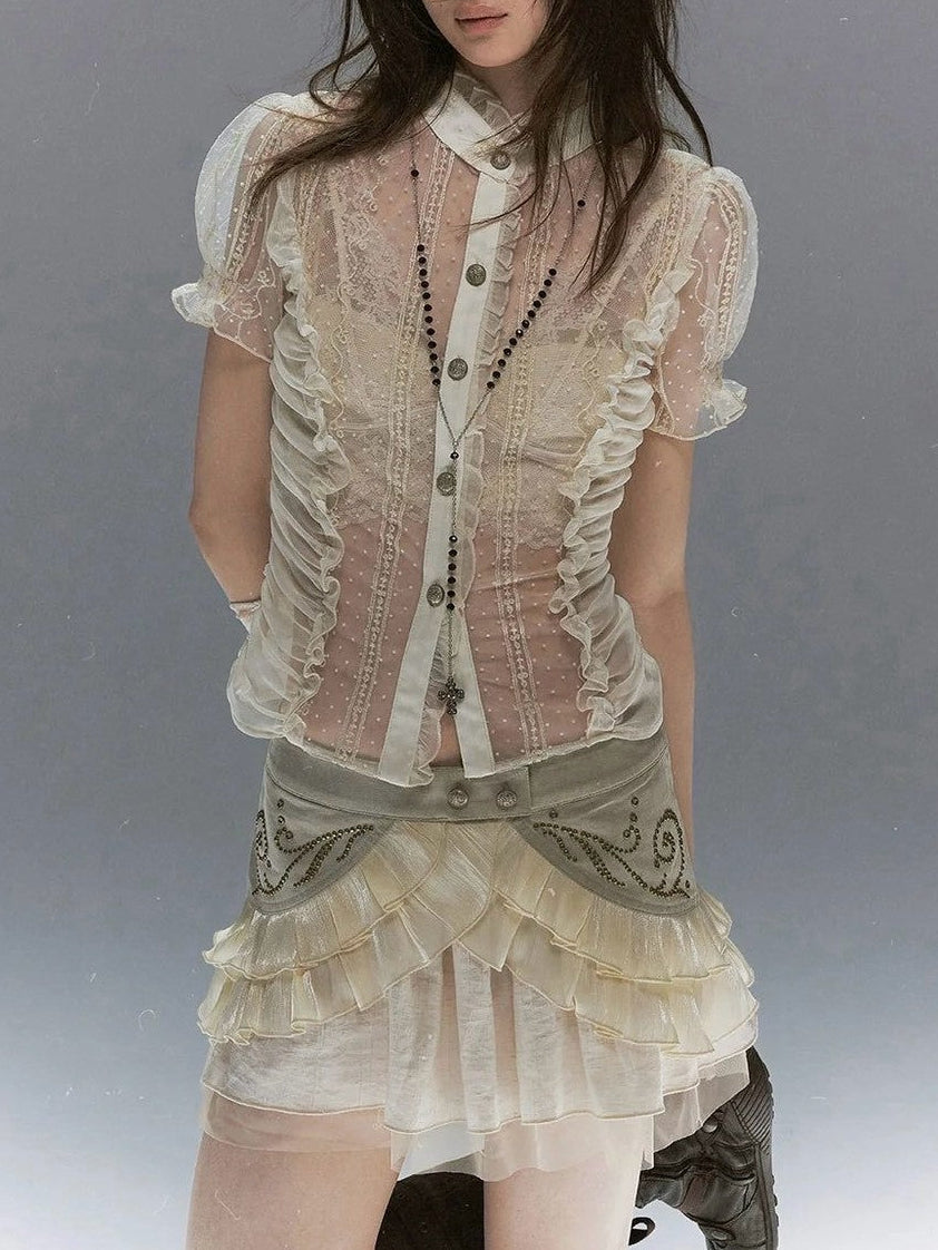 【Cest Nous】Polka dot embroidered shirt