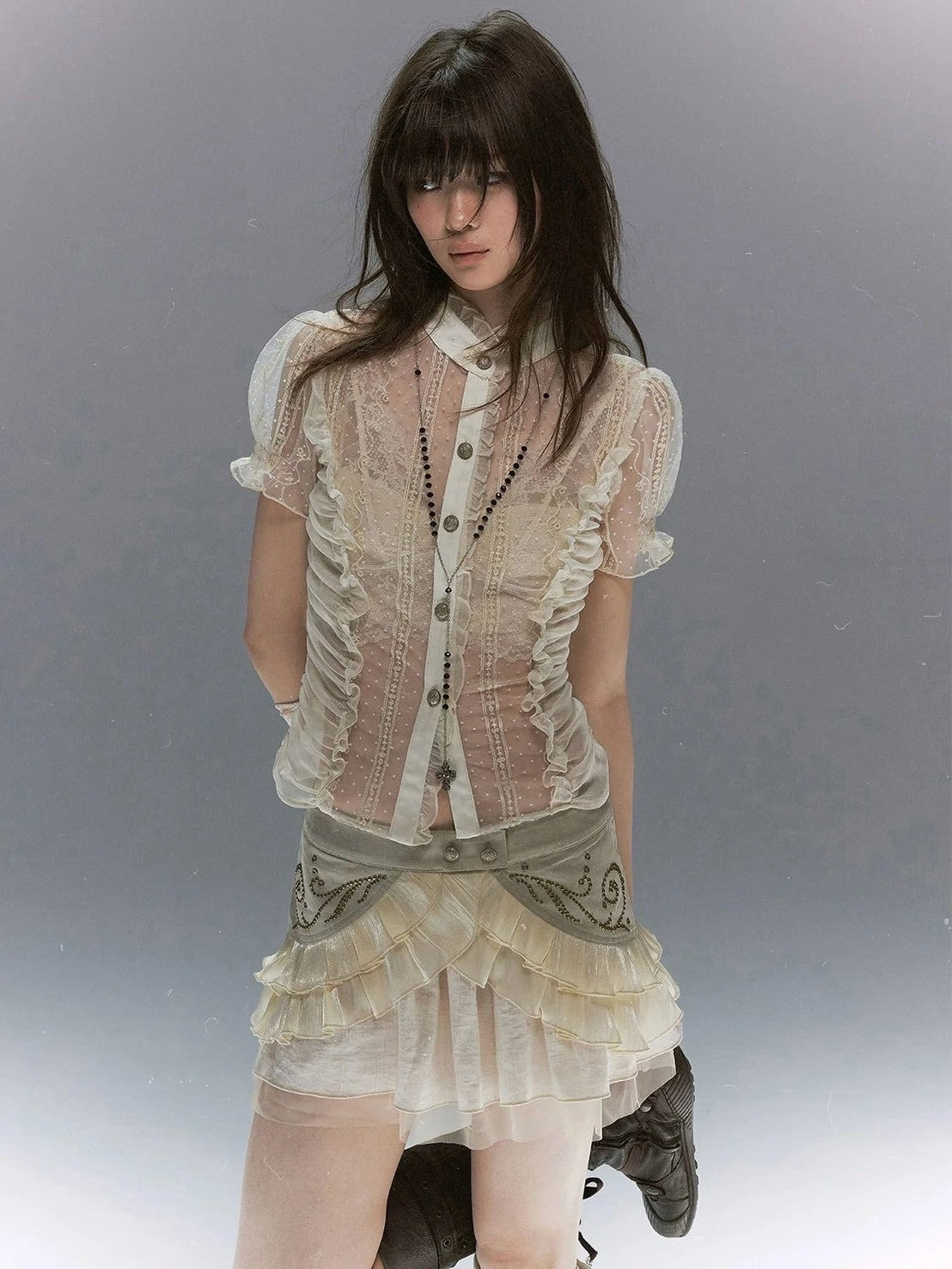 【Cest Nous】Polka dot embroidered shirt