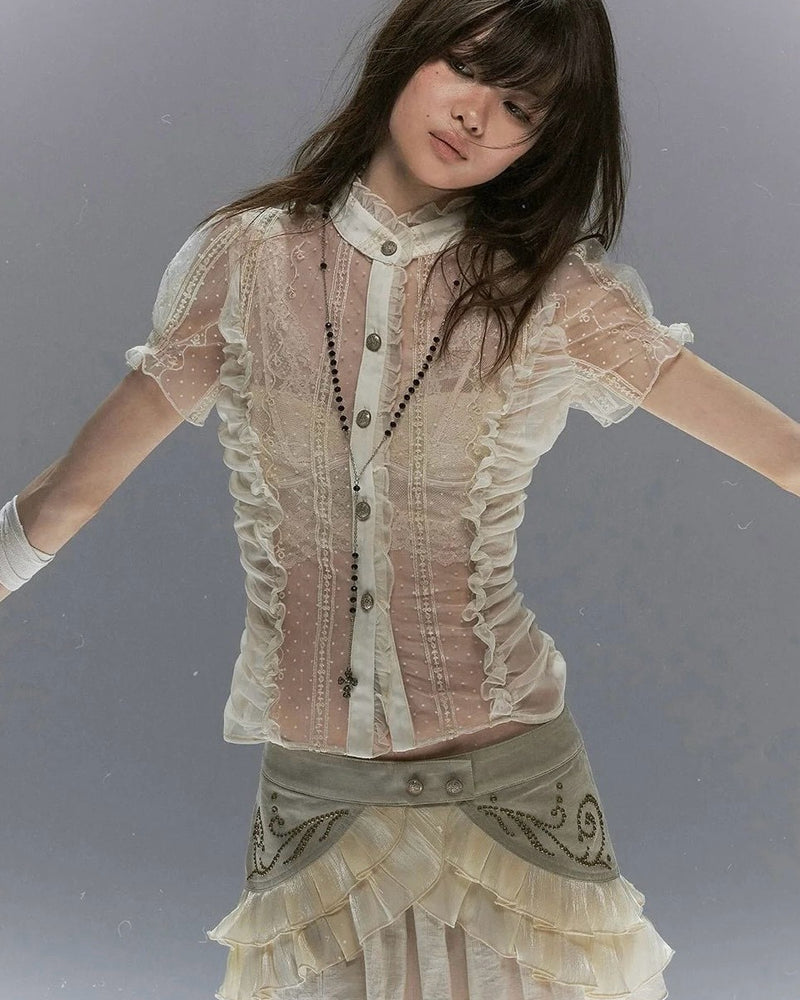 【Cest Nous】Polka dot embroidered shirt