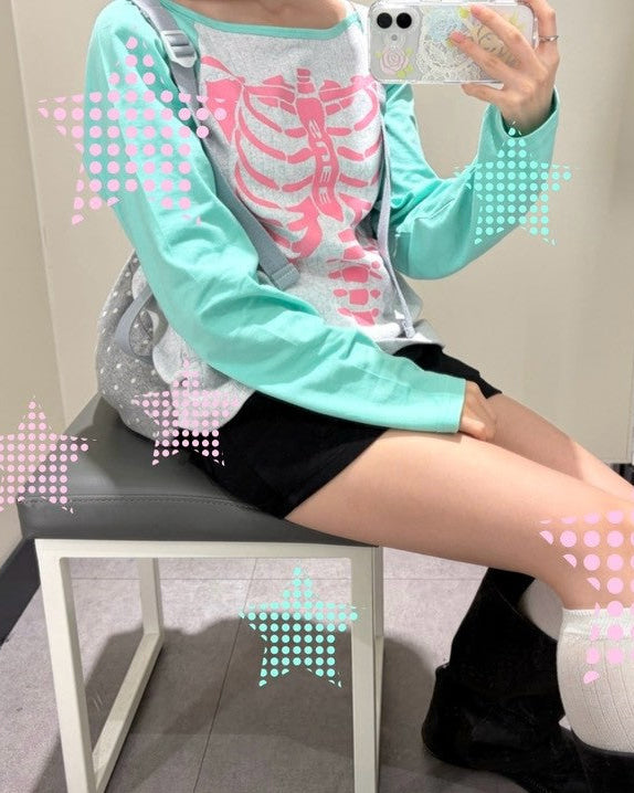 【SETUP-EXE】SKELETON RAGLAN FLOWER TOP