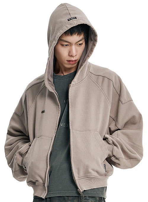 【AJOBYAJO】Cropped Washed Zip-Up Hoodie