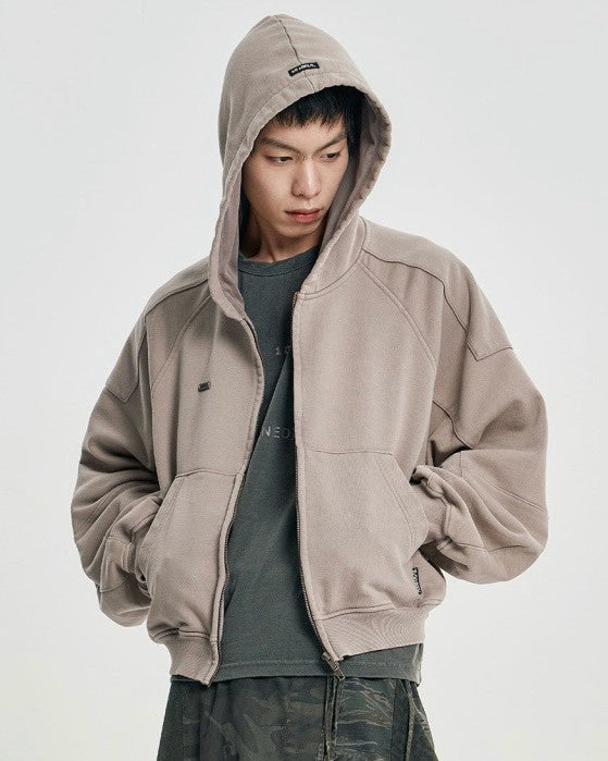 【AJOBYAJO】Cropped Washed Zip-Up Hoodie