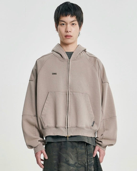 【AJOBYAJO】Cropped Washed Zip-Up Hoodie