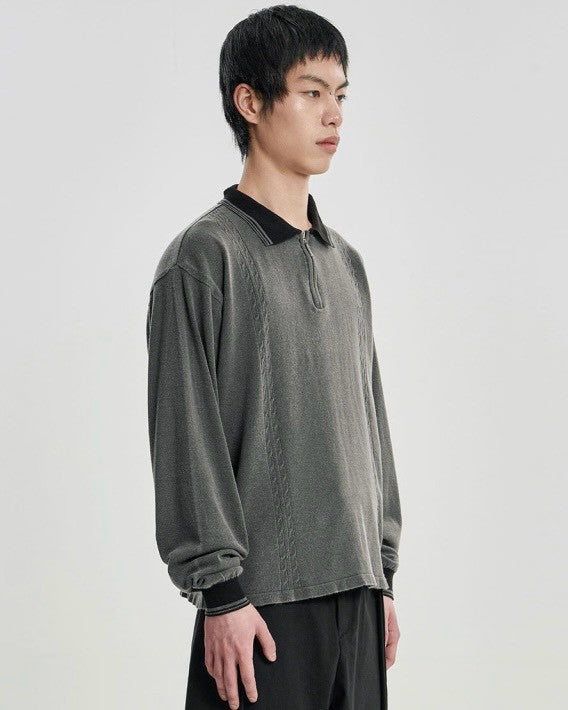 【AJOBYAJO】[RWK] Washed Cable Stitch Collar Zip-Up