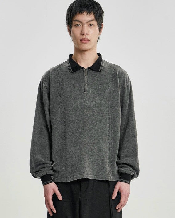 【AJOBYAJO】[RWK] Washed Cable Stitch Collar Zip-Up