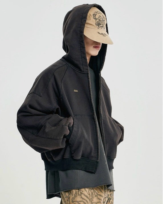 【AJOBYAJO】Cropped Washed Zip-Up Hoodie