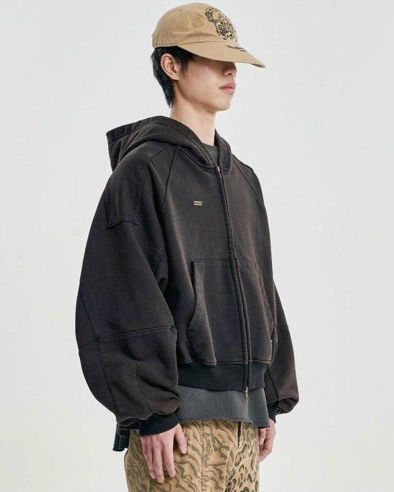 【AJOBYAJO】Cropped Washed Zip-Up Hoodie