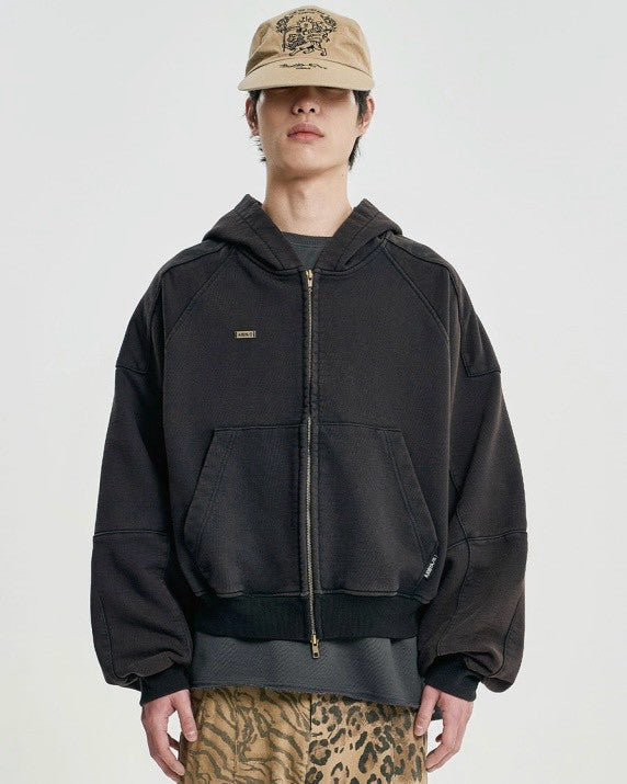 【AJOBYAJO】Cropped Washed Zip-Up Hoodie