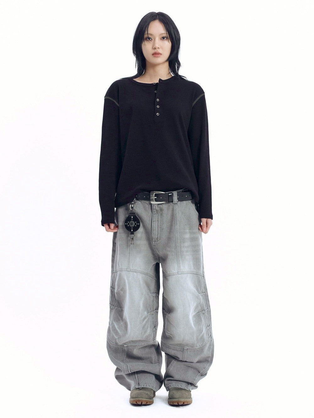 【AAKAM】Henley Neck Waffle Long Sleeve