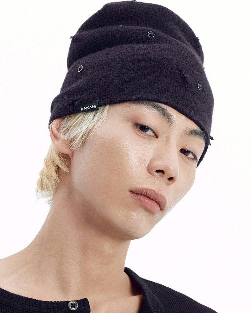 【AAKAM】Rhinestone Damaged Long Beanie
