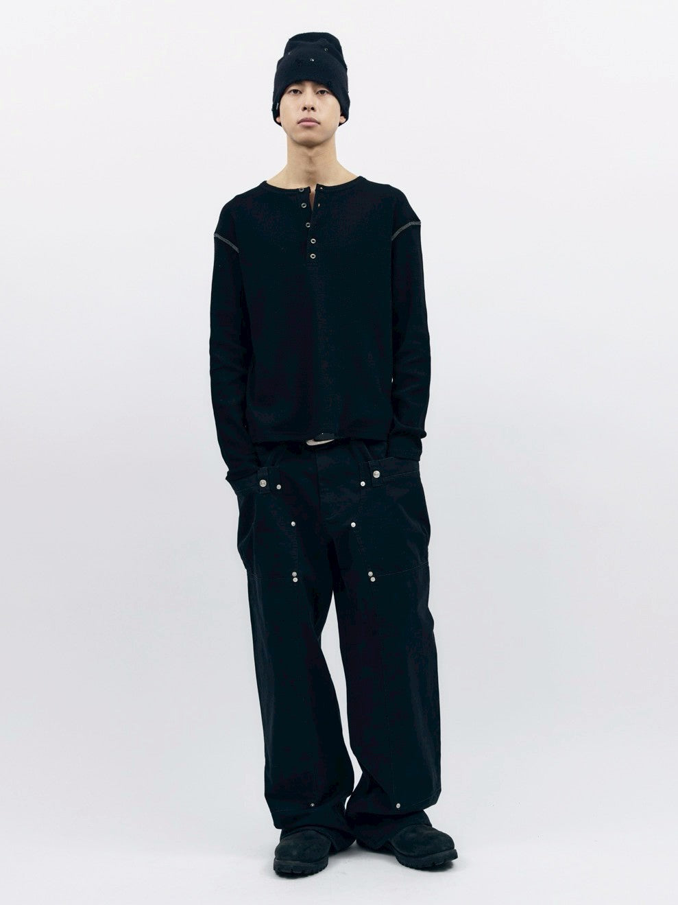 【AAKAM】Henley Neck Waffle Long Sleeve