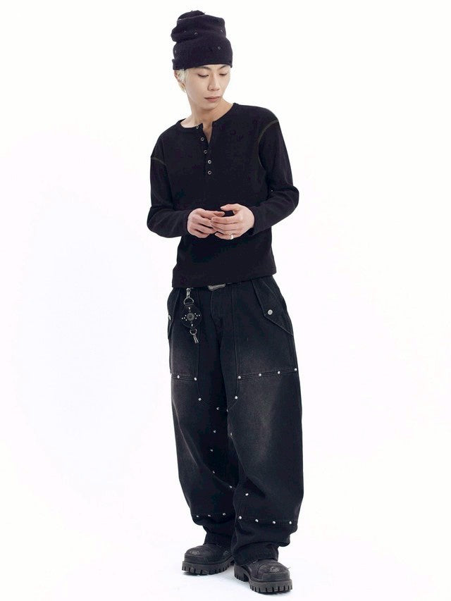 【AAKAM】Henley Neck Waffle Long Sleeve