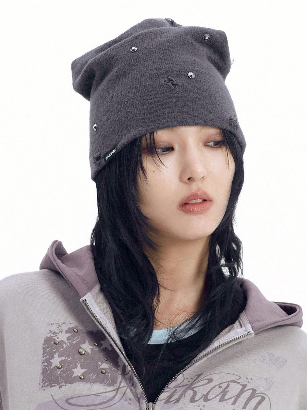 【AAKAM】Rhinestone Damaged Long Beanie