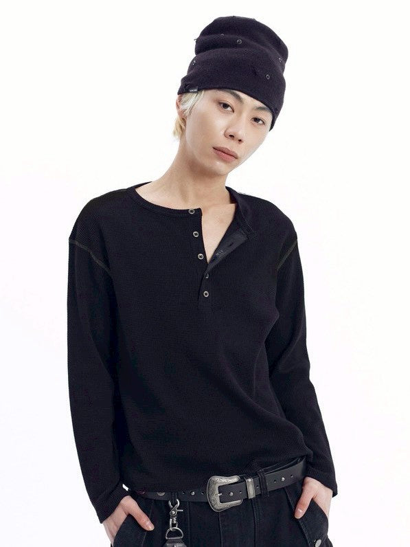 【AAKAM】Henley Neck Waffle Long Sleeve