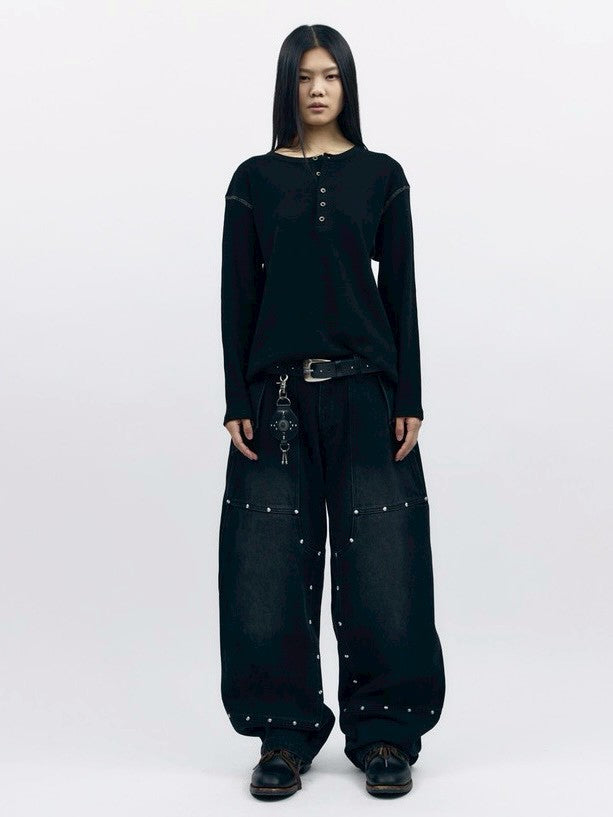 【AAKAM】Henley Neck Waffle Long Sleeve