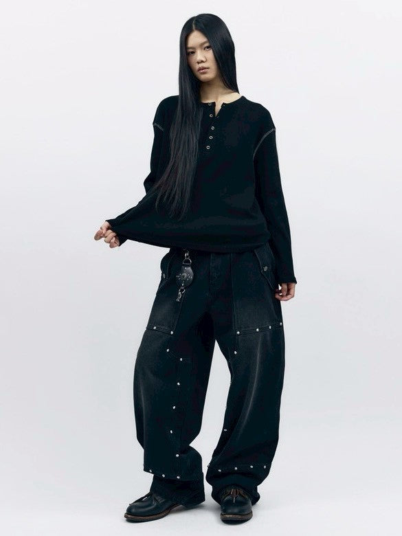 【AAKAM】Henley Neck Waffle Long Sleeve