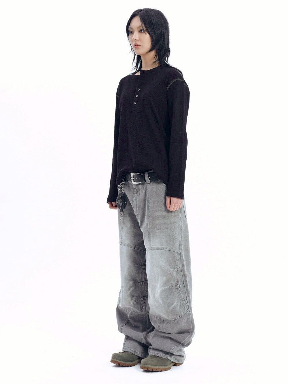 【AAKAM】Henley Neck Waffle Long Sleeve