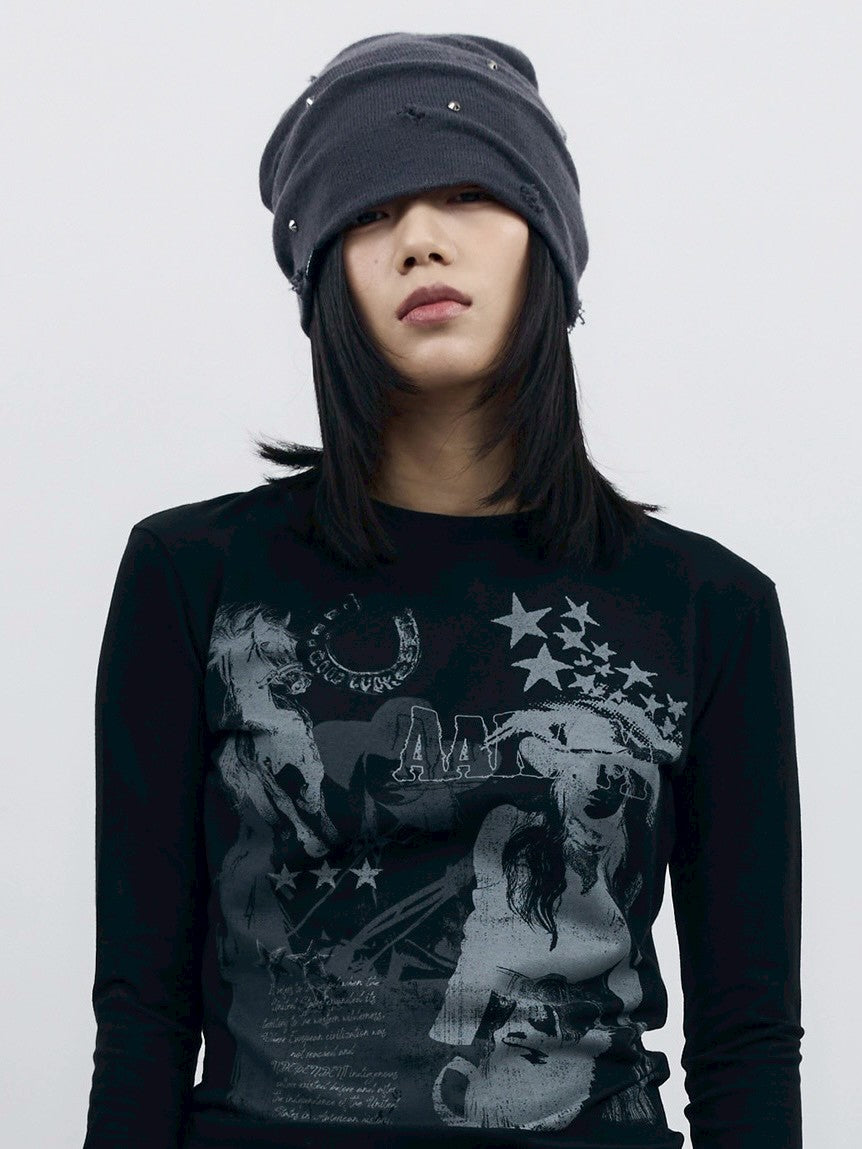 【AAKAM】Rhinestone Damaged Long Beanie