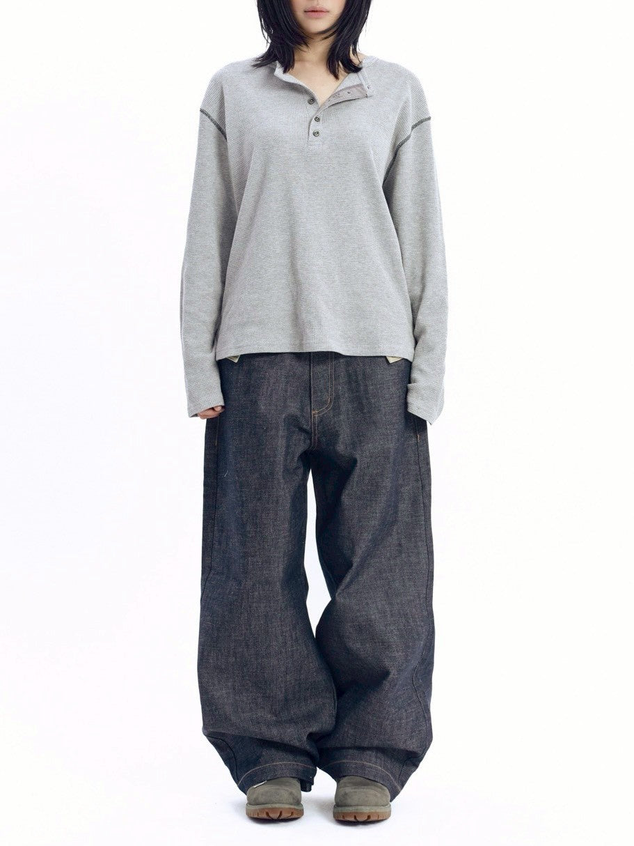 【AAKAM】Henley Neck Waffle Long Sleeve