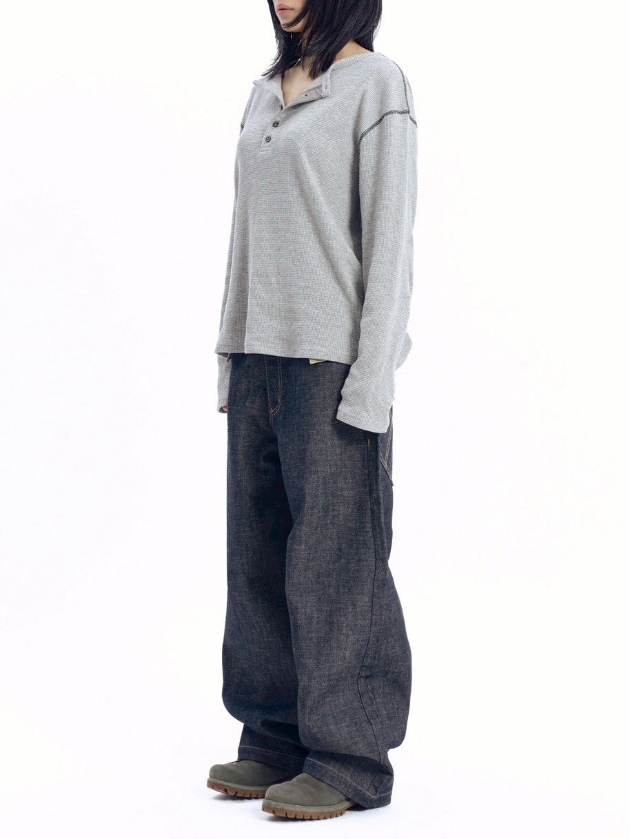 【AAKAM】Henley Neck Waffle Long Sleeve