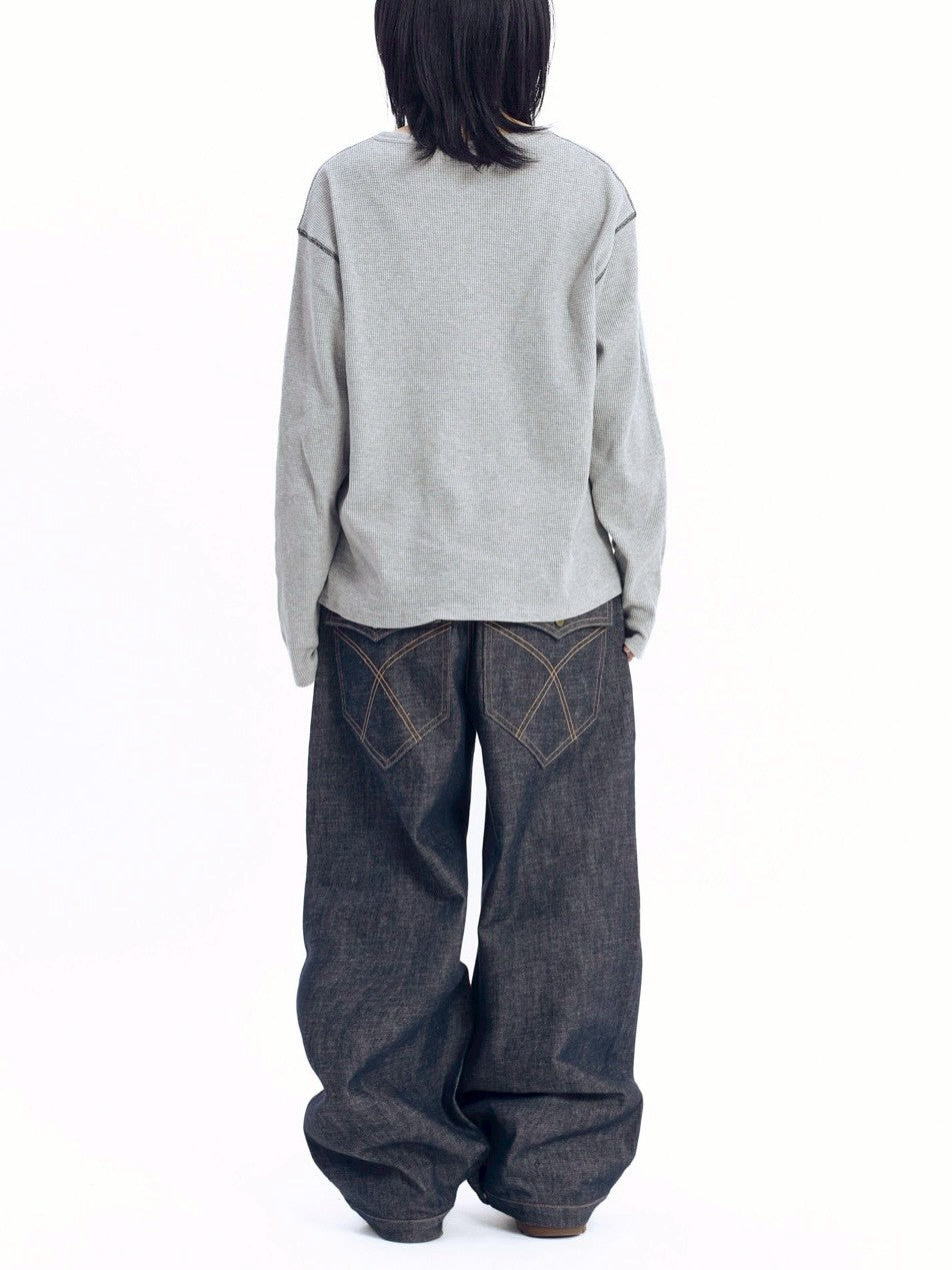 【AAKAM】Henley Neck Waffle Long Sleeve