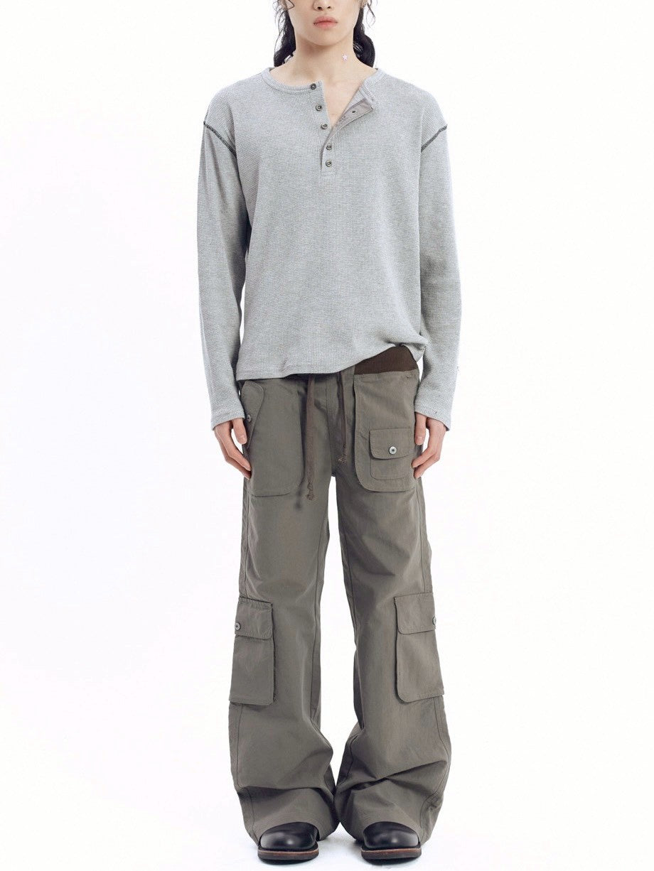 【AAKAM】Henley Neck Waffle Long Sleeve