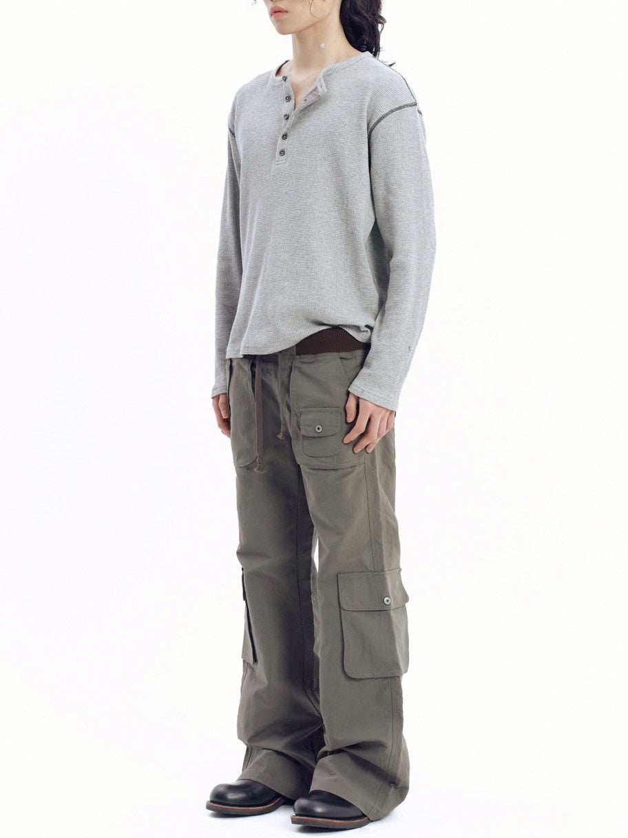 【AAKAM】Henley Neck Waffle Long Sleeve