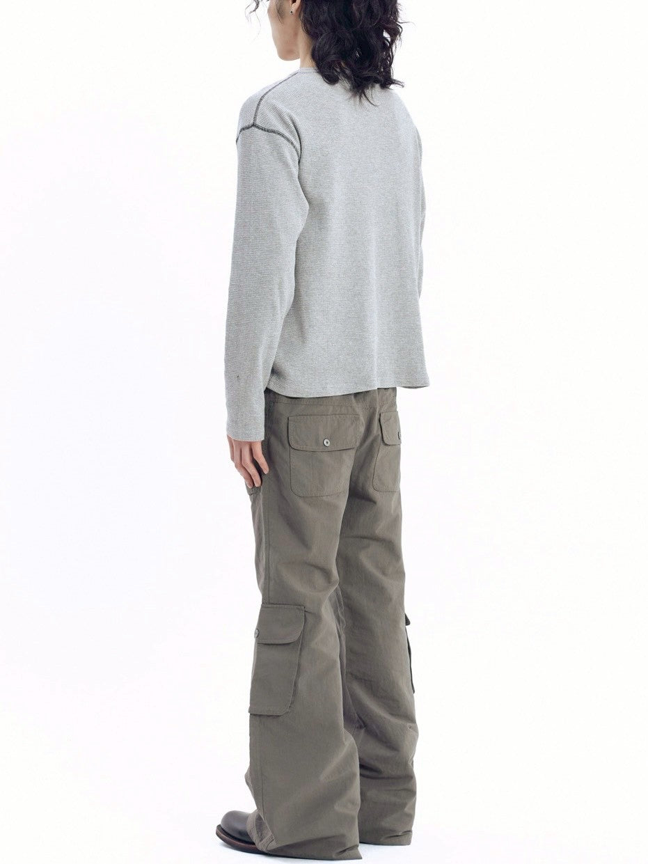 【AAKAM】Henley Neck Waffle Long Sleeve