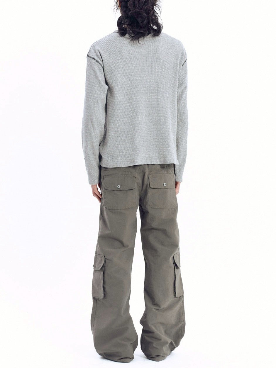 【AAKAM】Henley Neck Waffle Long Sleeve