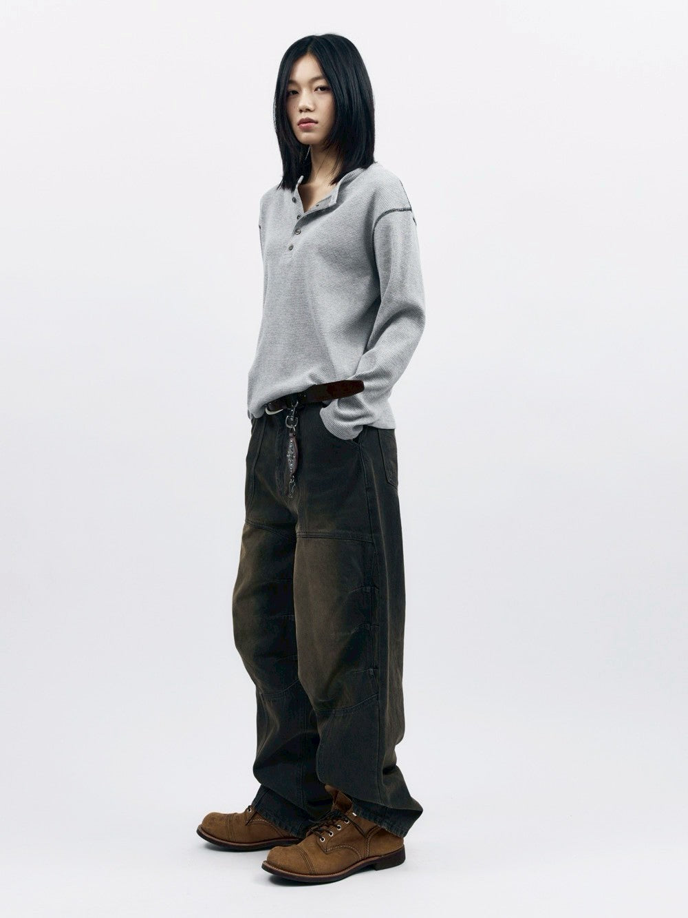 【AAKAM】Henley Neck Waffle Long Sleeve