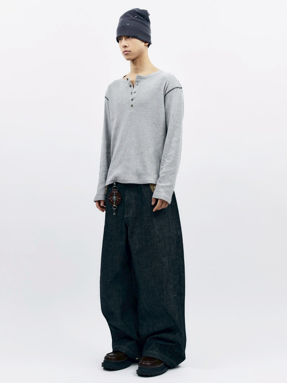 【AAKAM】Henley Neck Waffle Long Sleeve