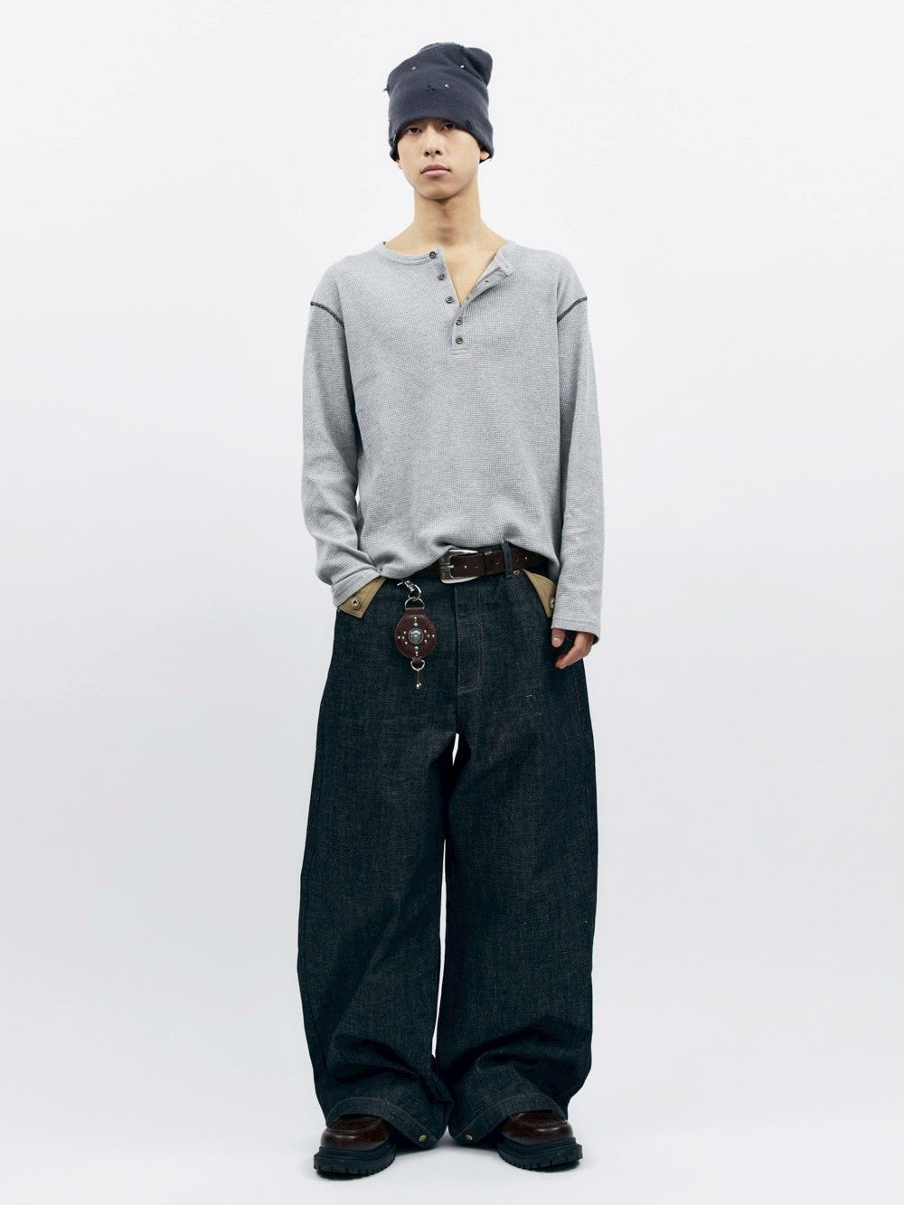 【AAKAM】Henley Neck Waffle Long Sleeve